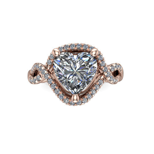 River heart halo engagement ring in 18K Rose Gold, top-down view showing the brilliant heart-shaped center diamond framed by a pave halo with woven split shank shoulders