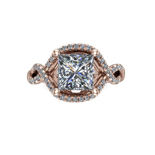 River princess halo engagement ring in 18K Rose Gold, top-down view showing the brilliant princess-cut center diamond framed by a pave halo with woven split shank shoulders