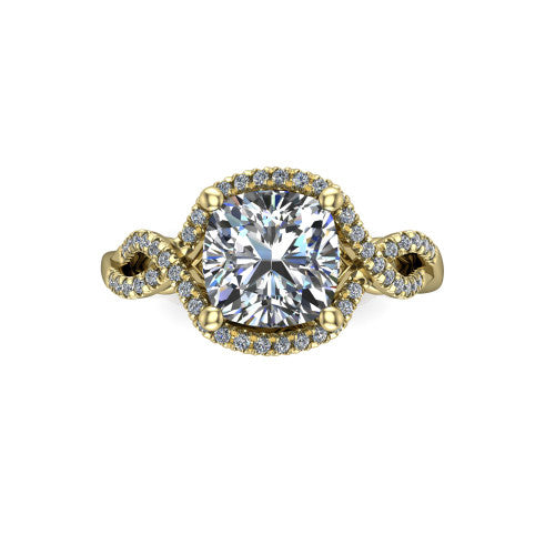 River cushion halo engagement ring in 18K Yellow Gold, top-down view showing the brilliant cushion-cut center diamond framed by a pave halo with woven split shank shoulders