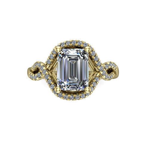 River emerald halo engagement ring in 14K Yellow Gold, top-down view showing the step-cut emerald center diamond framed by a pave halo with woven split shank shoulders