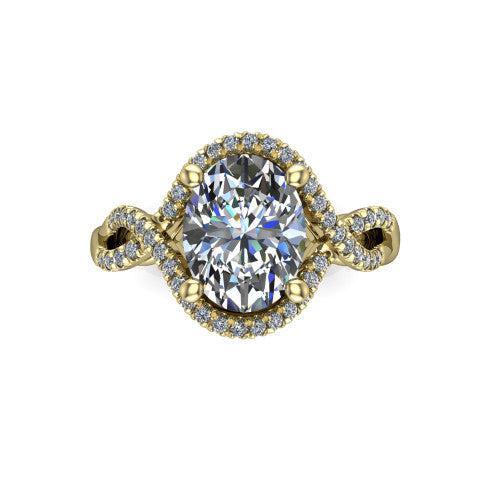 River oval halo engagement ring in 18K Yellow Gold, top-down view showing the brilliant oval center diamond framed by a pave halo with woven split shank shoulders