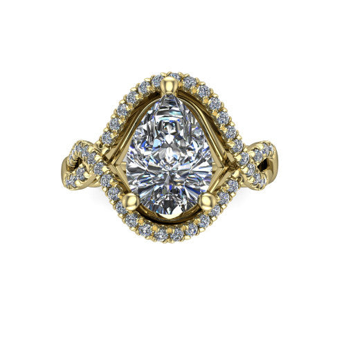 River pear halo engagement ring in 14K Yellow Gold, top-down view showing the brilliant pear-cut center diamond framed by a pave halo with woven split shank shoulders