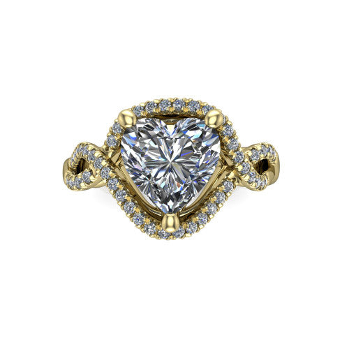 River heart halo engagement ring in 14K Yellow Gold, top-down view showing the brilliant heart-shaped center diamond framed by a pave halo with woven split shank shoulders