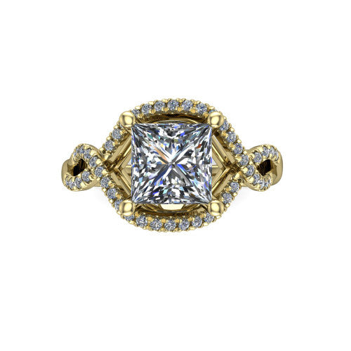River princess halo engagement ring in 18K Yellow Gold, top-down view showing the brilliant princess-cut center diamond framed by a pave halo with woven split shank shoulders