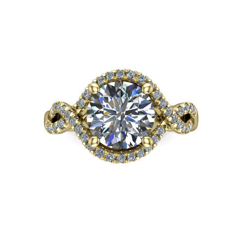 River round halo engagement ring in 14K Yellow Gold, top-down view showing the brilliant round center diamond framed by a pave halo with woven split shank shoulders