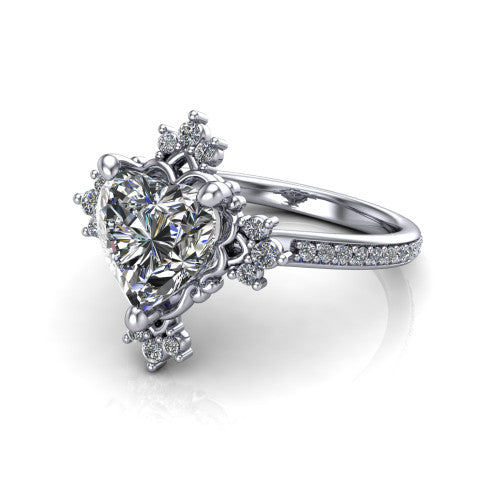 Jayla heart solitaire engagement ring in 14K White Gold, three-quarter perspective showing the brilliant heart-shaped center diamond inside an ornate floral openwork frame on a pave band