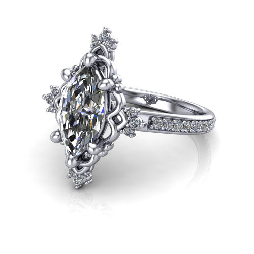 Jayla marquise solitaire engagement ring in 14K White Gold, three-quarter perspective showing the brilliant marquise center diamond inside an ornate floral openwork frame on a pave band
