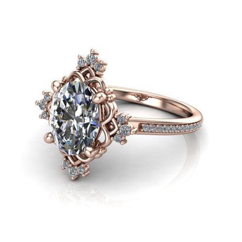 Jayla oval solitaire engagement ring in 14K Rose Gold, three-quarter perspective showing the brilliant oval center diamond inside an ornate floral openwork frame on a pave band