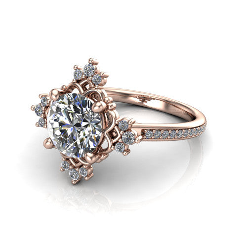 Jayla round solitaire engagement ring in 14K Rose Gold, three-quarter perspective showing the brilliant round center diamond inside an ornate floral openwork frame on a pave band