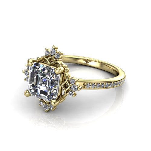 Jayla square emerald solitaire engagement ring in 14K Yellow Gold, three-quarter perspective showing the step-cut square emerald center diamond inside an ornate floral openwork frame on a pave band