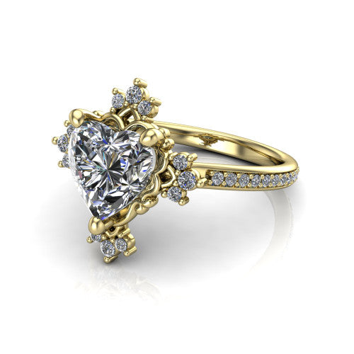 Jayla heart solitaire engagement ring in 14K Yellow Gold, three-quarter perspective showing the brilliant heart-shaped center diamond inside an ornate floral openwork frame on a pave band