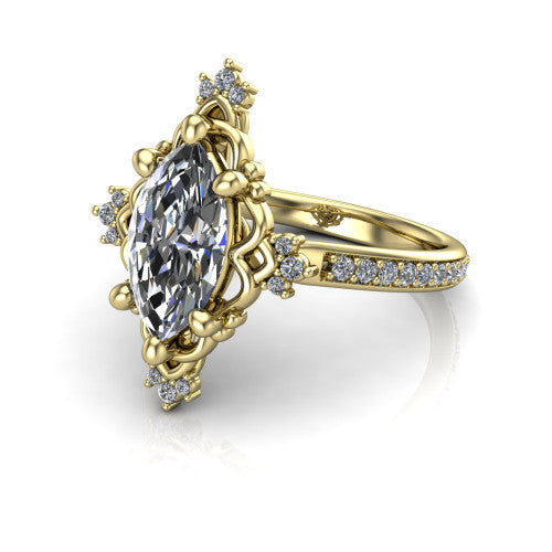 Jayla marquise solitaire engagement ring in 18K Yellow Gold, three-quarter perspective showing the brilliant marquise center diamond inside an ornate floral openwork frame on a pave band