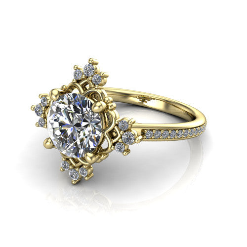 Jayla round solitaire engagement ring in 14K Yellow Gold, three-quarter perspective showing the brilliant round center diamond inside an ornate floral openwork frame on a pave band