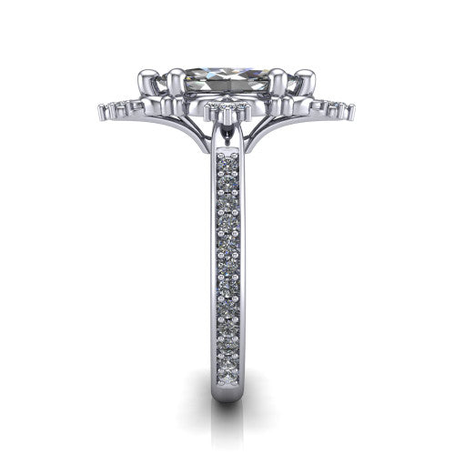 Jayla marquise solitaire engagement ring in 18K White Gold, side profile showing the floral openwork frame and pave diamond band along the shoulders