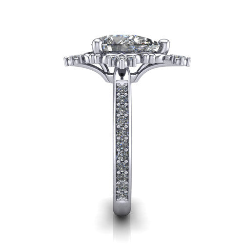 Jayla pear solitaire engagement ring in 18K White Gold, side profile showing the floral openwork frame and pave diamond band along the shoulders