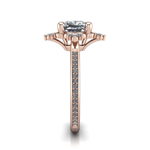 Jayla cushion solitaire engagement ring in 14K Rose Gold, side profile showing the floral openwork frame and pave diamond band along the shoulders