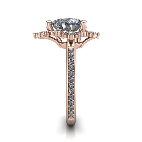 Jayla heart solitaire engagement ring in 18K Rose Gold, side profile showing the floral openwork frame and pave diamond band along the shoulders