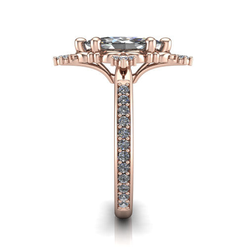 Jayla marquise solitaire engagement ring in 14K Rose Gold, side profile showing the floral openwork frame and pave diamond band along the shoulders