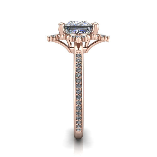 Jayla princess solitaire engagement ring in 18K Rose Gold, side profile showing the floral openwork frame and pave diamond band along the shoulders