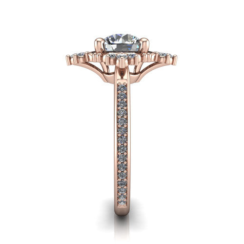 Jayla round solitaire engagement ring in 14K Rose Gold, side profile showing the floral openwork frame and pave diamond band along the shoulders