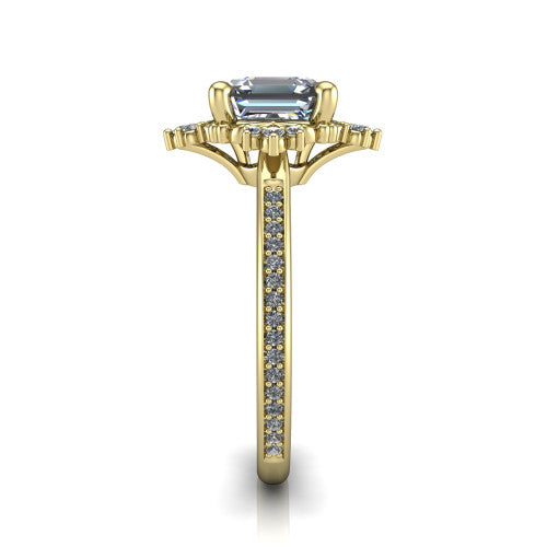 Jayla square emerald solitaire engagement ring in 14K Yellow Gold, side profile showing the floral openwork frame and pave diamond band along the shoulders