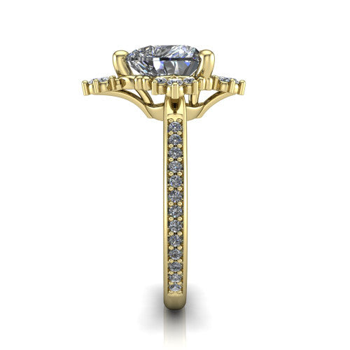 Jayla heart solitaire engagement ring in 14K Yellow Gold, side profile showing the floral openwork frame and pave diamond band along the shoulders