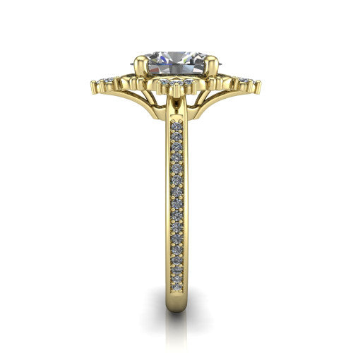 Jayla oval solitaire engagement ring in 18K Yellow Gold, side profile showing the floral openwork frame and pave diamond band along the shoulders