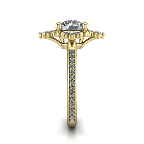 Jayla round solitaire engagement ring in 14K Yellow Gold, side profile showing the floral openwork frame and pave diamond band along the shoulders
