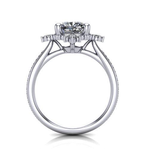Jayla cushion solitaire engagement ring in 14K White Gold, through-finger front profile showing the floral frame, cathedral lift, and open under-gallery