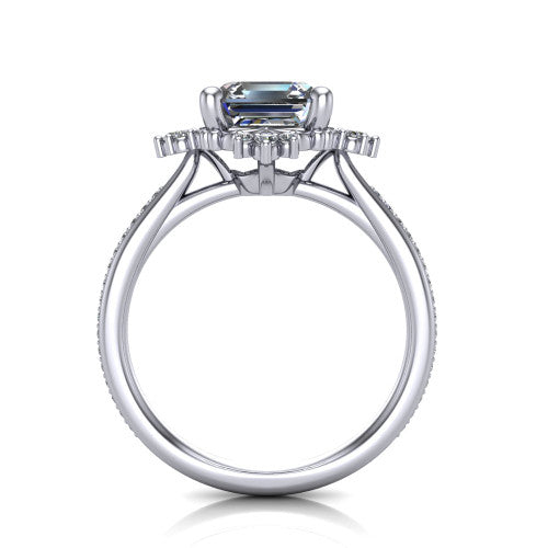 Jayla square emerald solitaire engagement ring in 18K White Gold, through-finger front profile showing the floral frame, cathedral lift, and open under-gallery
