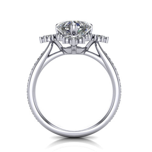 Jayla heart solitaire engagement ring in 18K White Gold, through-finger front profile showing the floral frame, cathedral lift, and open under-gallery