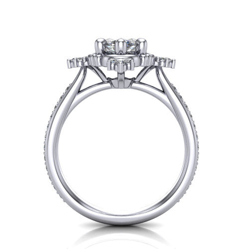 Jayla marquise solitaire engagement ring in 14K White Gold, through-finger front profile showing the floral frame, cathedral lift, and open under-gallery