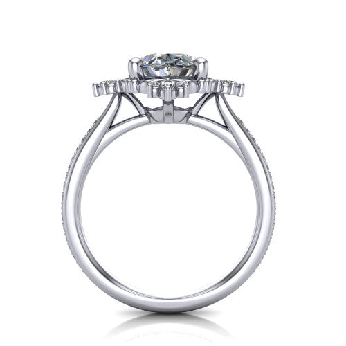 Jayla oval solitaire engagement ring in Platinum, through-finger front profile showing the floral frame, cathedral lift, and open under-gallery
