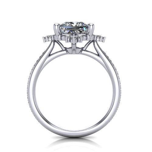 Jayla princess solitaire engagement ring in 14K White Gold, through-finger front profile showing the floral frame, cathedral lift, and open under-gallery