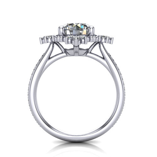 Jayla round solitaire engagement ring in 14K White Gold, through-finger front profile showing the floral frame, cathedral lift, and open under-gallery