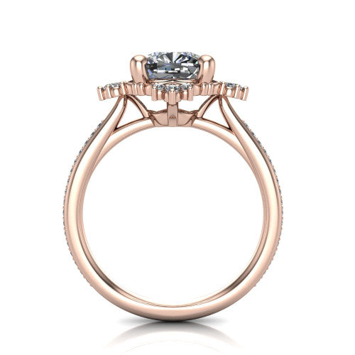 Jayla cushion solitaire engagement ring in 14K Rose Gold, through-finger front profile showing the floral frame, cathedral lift, and open under-gallery