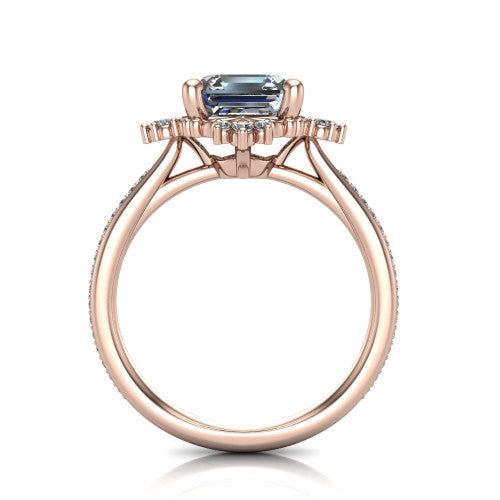 Jayla square emerald solitaire engagement ring in 14K Rose Gold, through-finger front profile showing the floral frame, cathedral lift, and open under-gallery