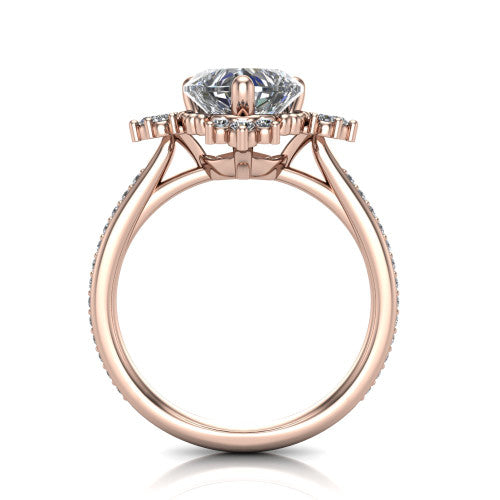 Jayla heart solitaire engagement ring in 18K Rose Gold, through-finger front profile showing the floral frame, cathedral lift, and open under-gallery