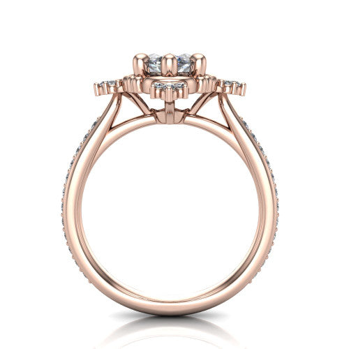 Jayla marquise solitaire engagement ring in 14K Rose Gold, through-finger front profile showing the floral frame, cathedral lift, and open under-gallery