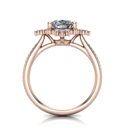 Jayla oval solitaire engagement ring in 18K Rose Gold, through-finger front profile showing the floral frame, cathedral lift, and open under-gallery