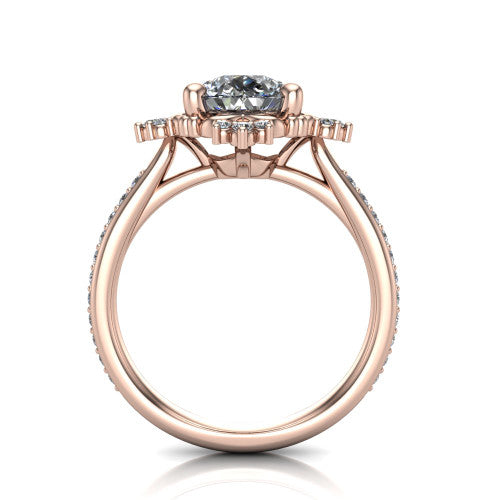 Jayla pear solitaire engagement ring in 14K Rose Gold, through-finger front profile showing the floral frame, cathedral lift, and open under-gallery