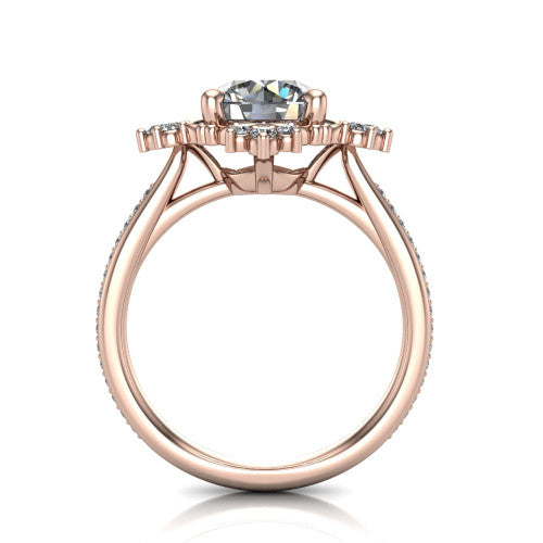 Jayla round solitaire engagement ring in 18K Rose Gold, through-finger front profile showing the floral frame, cathedral lift, and open under-gallery