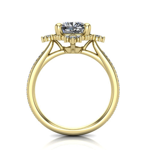 Jayla cushion solitaire engagement ring in 18K Yellow Gold, through-finger front profile showing the floral frame, cathedral lift, and open under-gallery