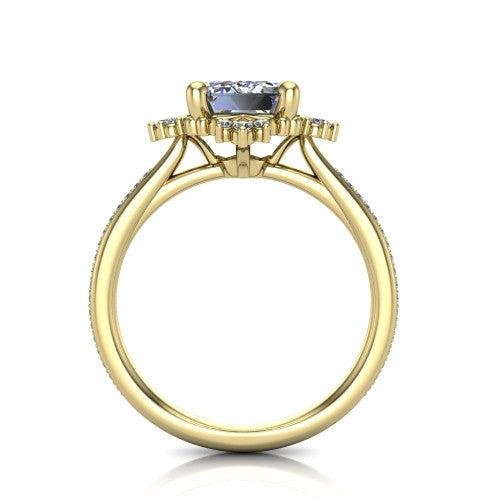 Jayla emerald solitaire engagement ring in 18K Yellow Gold, through-finger front profile showing the floral frame, cathedral lift, and open under-gallery