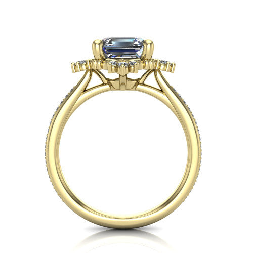 Jayla square emerald solitaire engagement ring in 14K Yellow Gold, through-finger front profile showing the floral frame, cathedral lift, and open under-gallery