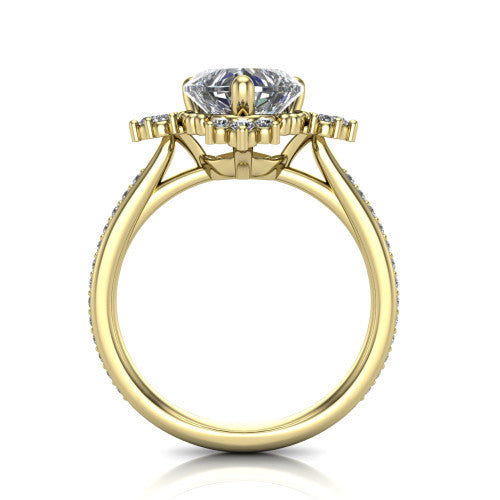 Jayla heart solitaire engagement ring in 14K Yellow Gold, through-finger front profile showing the floral frame, cathedral lift, and open under-gallery