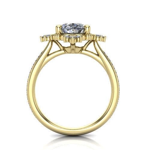 Jayla oval solitaire engagement ring in 18K Yellow Gold, through-finger front profile showing the floral frame, cathedral lift, and open under-gallery