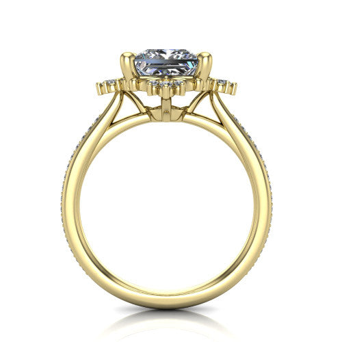 Jayla princess solitaire engagement ring in 14K Yellow Gold, through-finger front profile showing the floral frame, cathedral lift, and open under-gallery