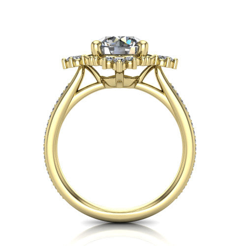 Jayla round solitaire engagement ring in 14K Yellow Gold, through-finger front profile showing the floral frame, cathedral lift, and open under-gallery