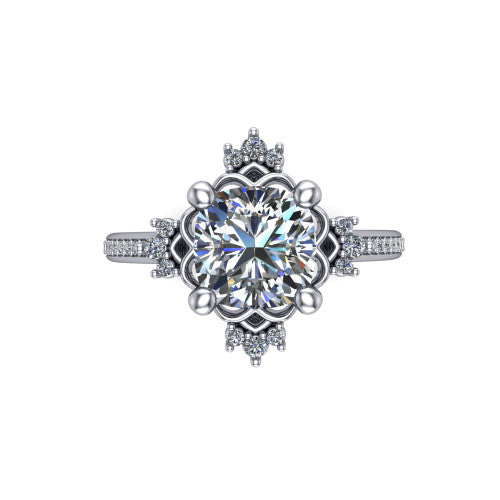 Jayla cushion solitaire engagement ring in Platinum, top-down view showing the brilliant cushion-cut center diamond framed by scalloped floral petals with accent diamonds